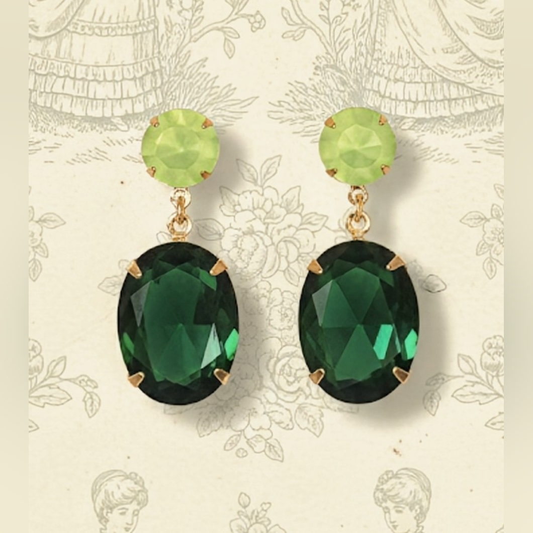 Superior Minimalist Frosty Green Crystal & Glass Drop Gold Plated Earrings